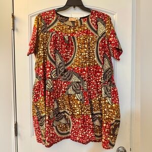 Grass-Fields Vibrant Red and Gold African Print Dress. Size 18
